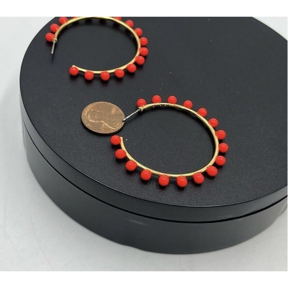 J. Crew Neon Orange Beaded Gold Tone Hoop Earrings - Picture 9 of 13